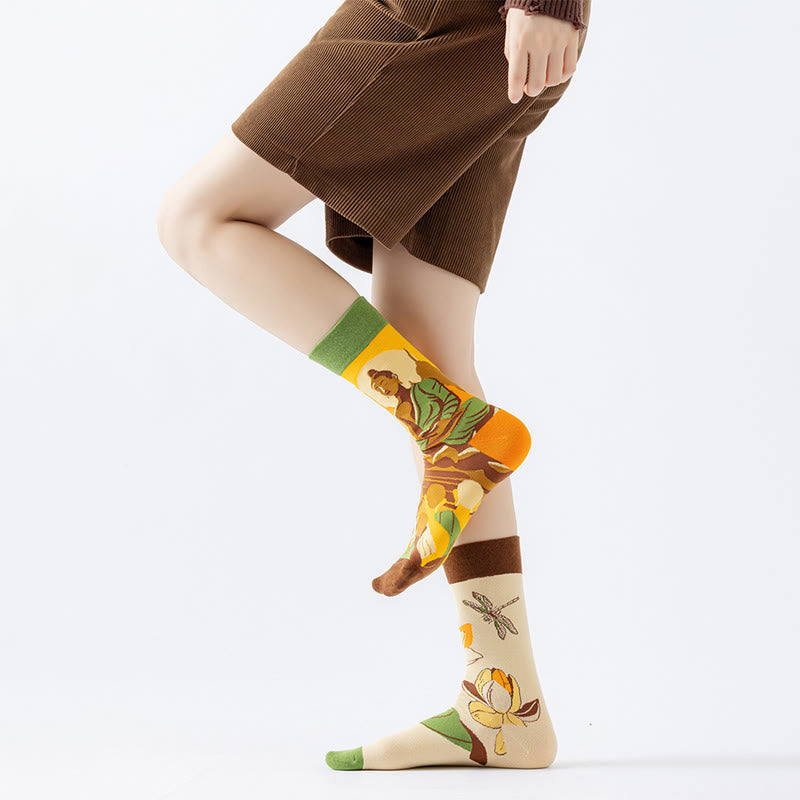"Be Here Now" Casual Buddha Lotus Dragonfly Women's Socks Includes Gift Message Card