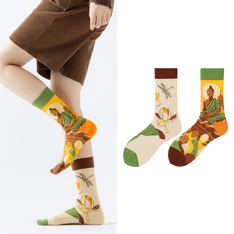 "Be Here Now" Casual Buddha Lotus Dragonfly Women's Socks Includes Gift Message Card