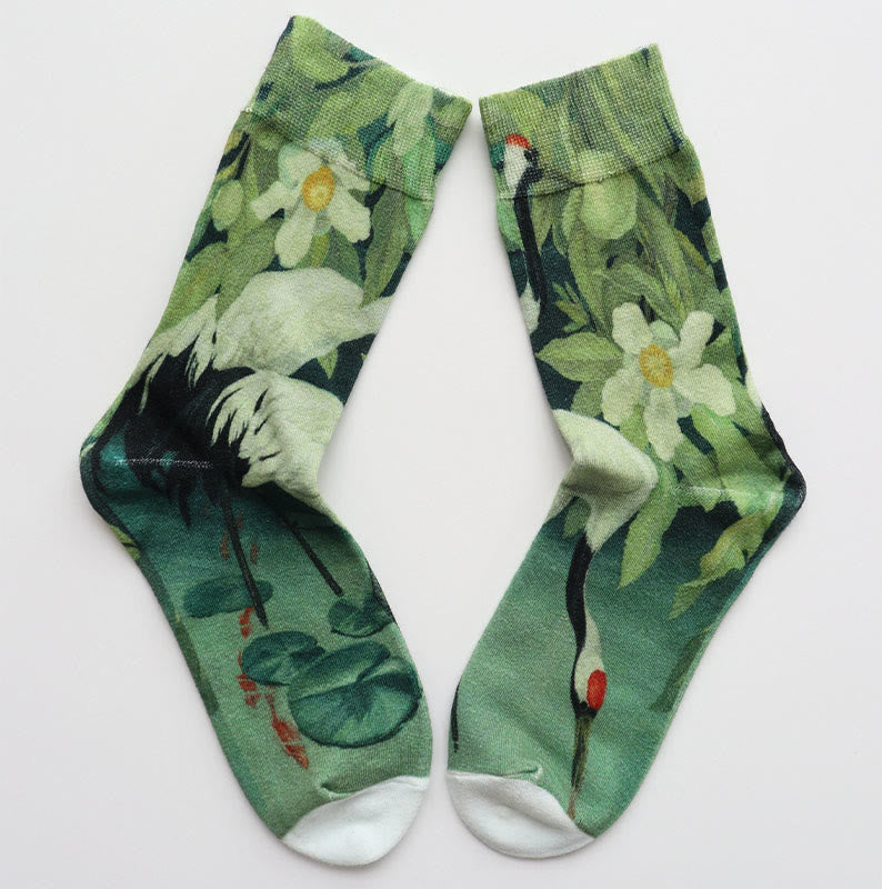 "Rooted in Stillness" Crane Lotus Koi Fish Women's Socks Includes Gift Message Card