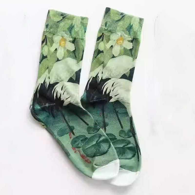 "Rooted in Stillness" Crane Lotus Koi Fish Women's Socks Includes Gift Message Card