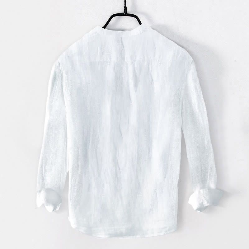 Solid Color Long Sleeve Half Button Shirt Cotton Linen Men Clothing