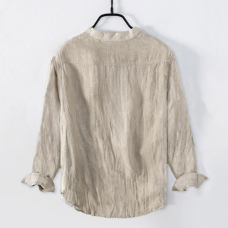 Solid Color Long Sleeve Half Button Shirt Cotton Linen Men Clothing