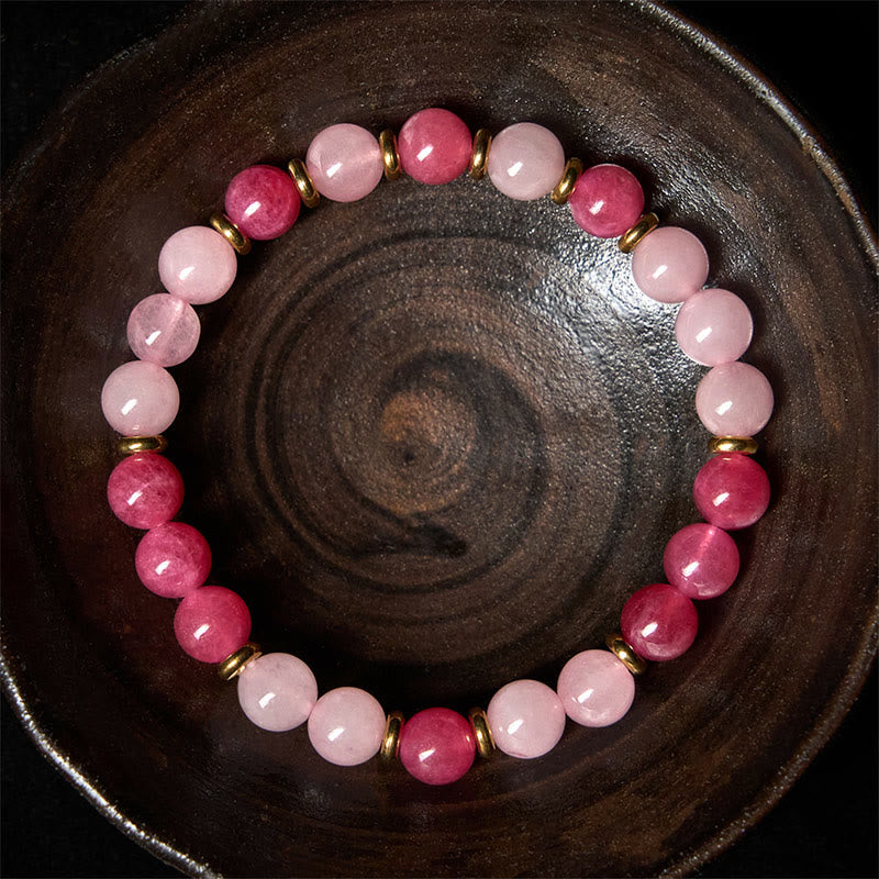 Strawberry Quartz and Rose Quartz Beaded Lucky Cat Charm Bracelet