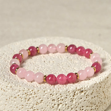 Strawberry Quartz and Rose Quartz Beaded Lucky Cat Charm Bracelet
