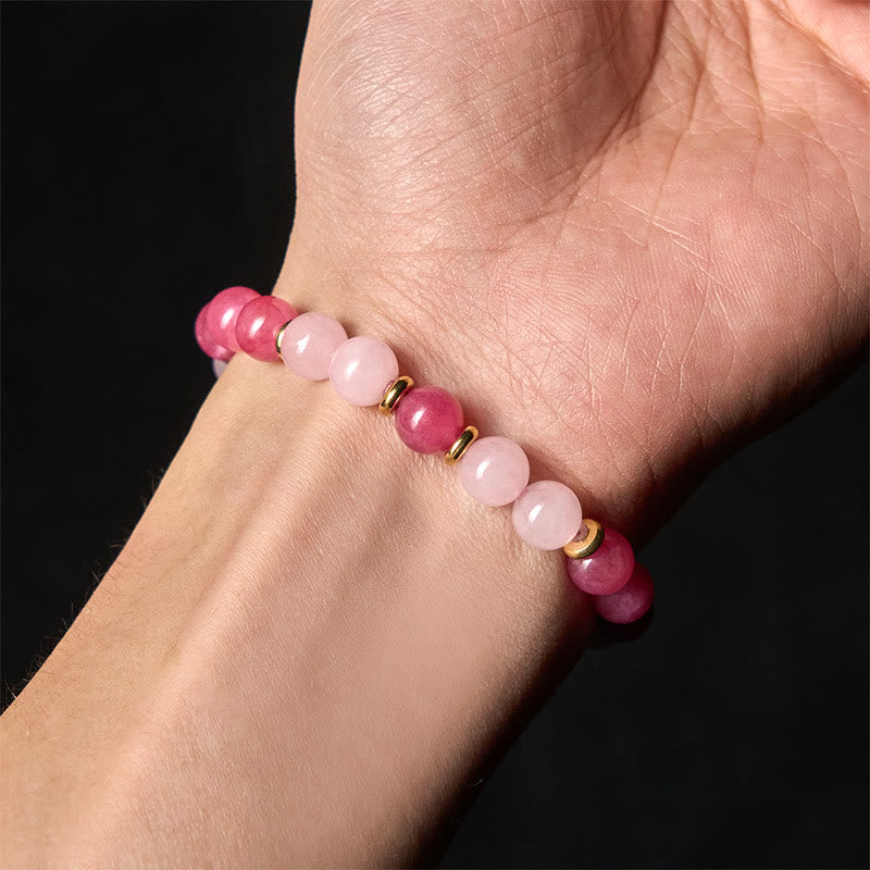 Strawberry Quartz and Rose Quartz Beaded Lucky Cat Charm Bracelet