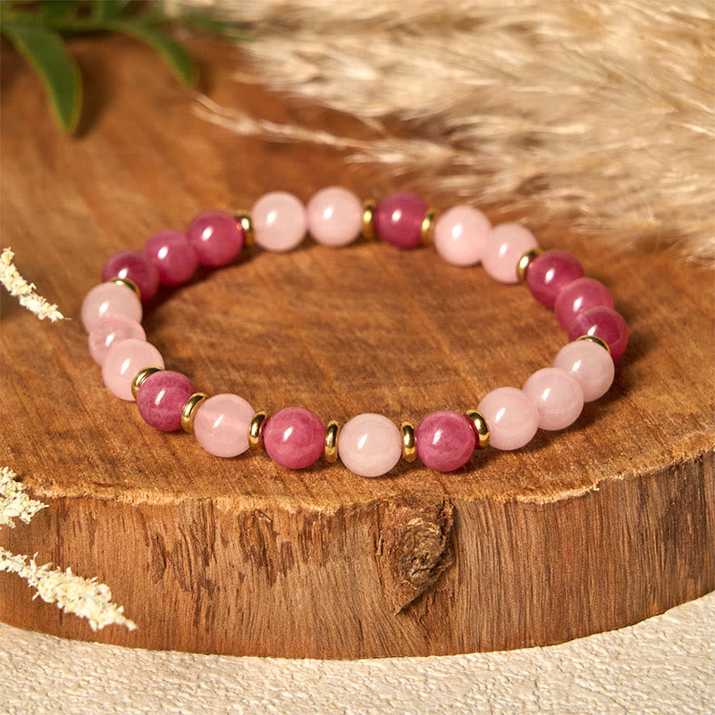 Strawberry Quartz and Rose Quartz Beaded Lucky Cat Charm Bracelet
