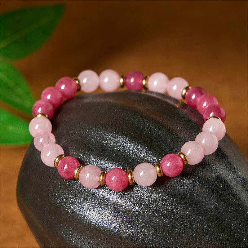 Strawberry Quartz and Rose Quartz Beaded Lucky Cat Charm Bracelet