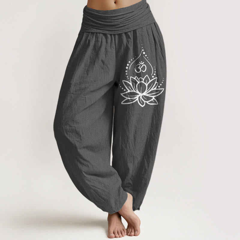 Breathable Cotton Lotus Om Print Mindful Movement Harem Pants