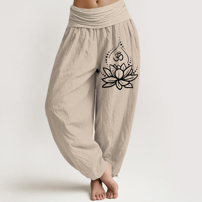 Breathable Cotton Lotus Om Print Mindful Movement Harem Pants
