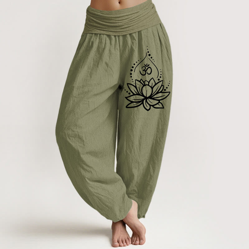 Breathable Cotton Lotus Om Print Mindful Movement Harem Pants