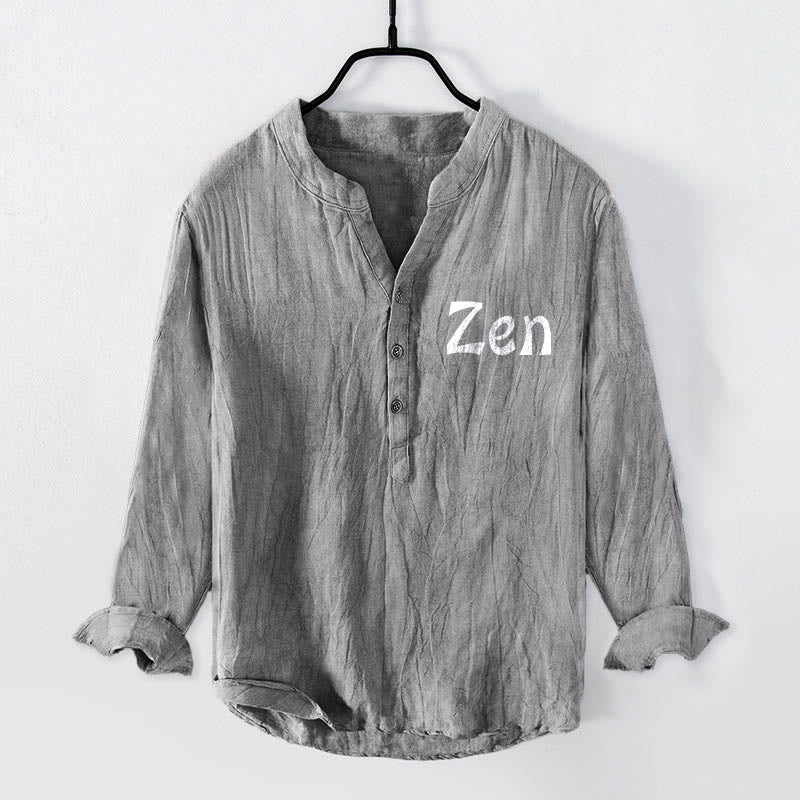Zen Character Half Buttons Design Long Sleeve Men's Cotton Linen Shirt