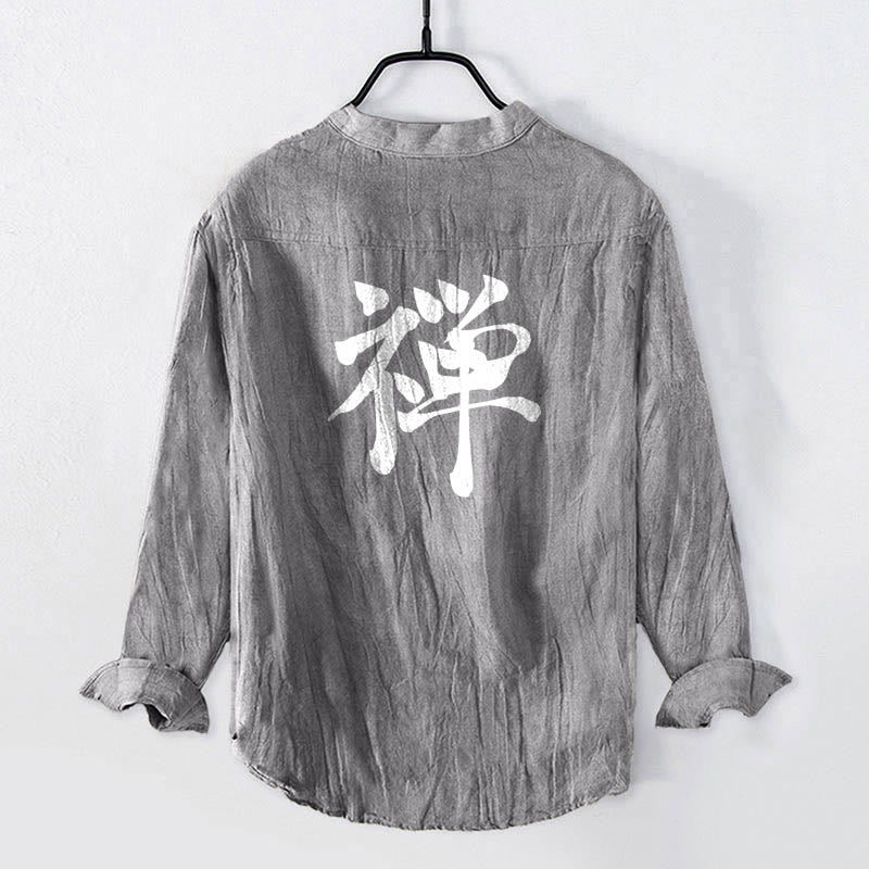 Zen Character Half Buttons Design Long Sleeve Men's Cotton Linen Shirt