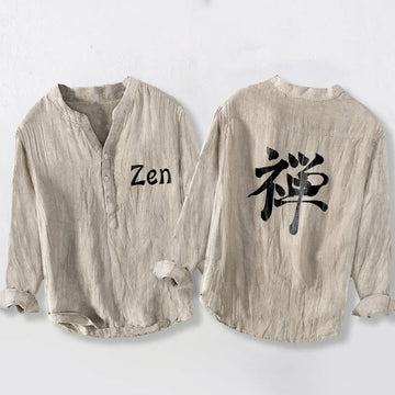 Zen Character Half Buttons Design Long Sleeve Men's Cotton Linen Shirt