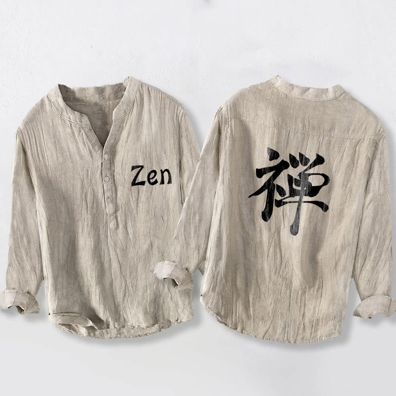 Zen Character Half Buttons Design Long Sleeve Men's Cotton Linen Shirt