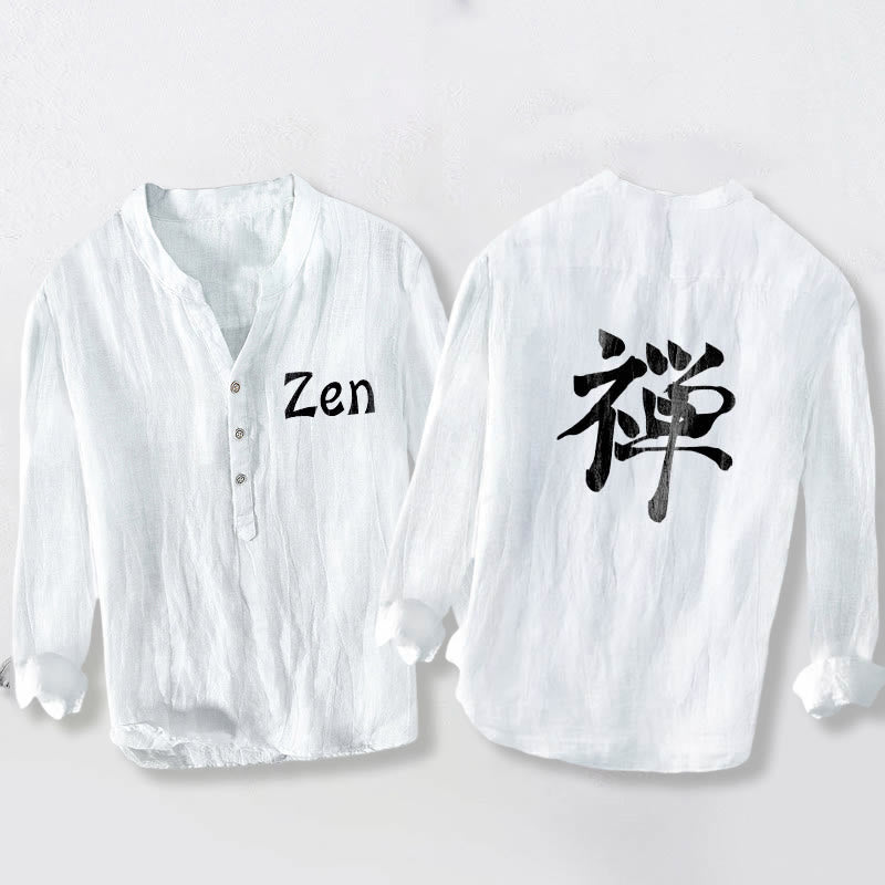 Zen Character Half Buttons Design Long Sleeve Men's Cotton Linen Shirt