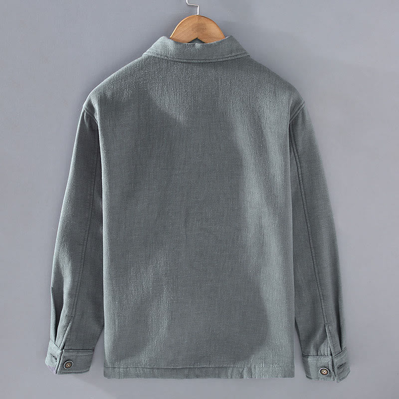 Men's Plain Long Sleeve Thermal Fleece-Lined Ramie Linen Cotton Jacket With Pockets