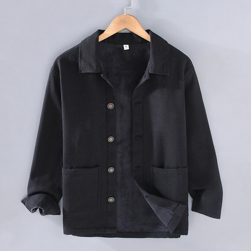 Men's Plain Long Sleeve Thermal Fleece-Lined Ramie Linen Cotton Jacket With Pockets