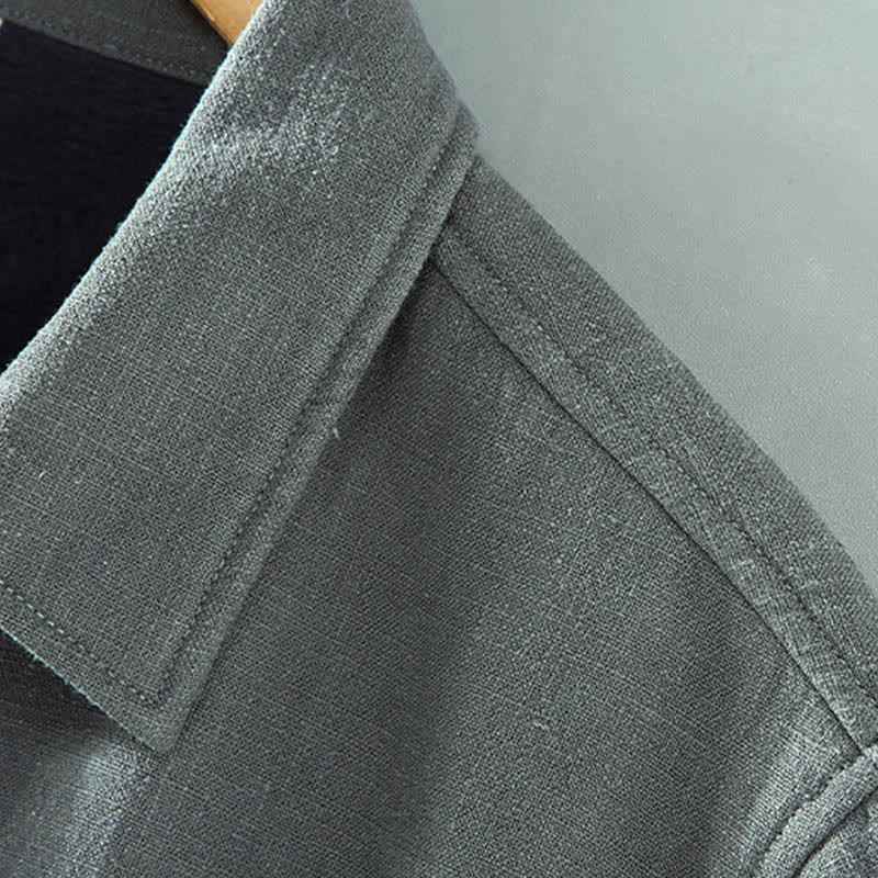 Men's Plain Long Sleeve Thermal Fleece-Lined Ramie Linen Cotton Jacket With Pockets