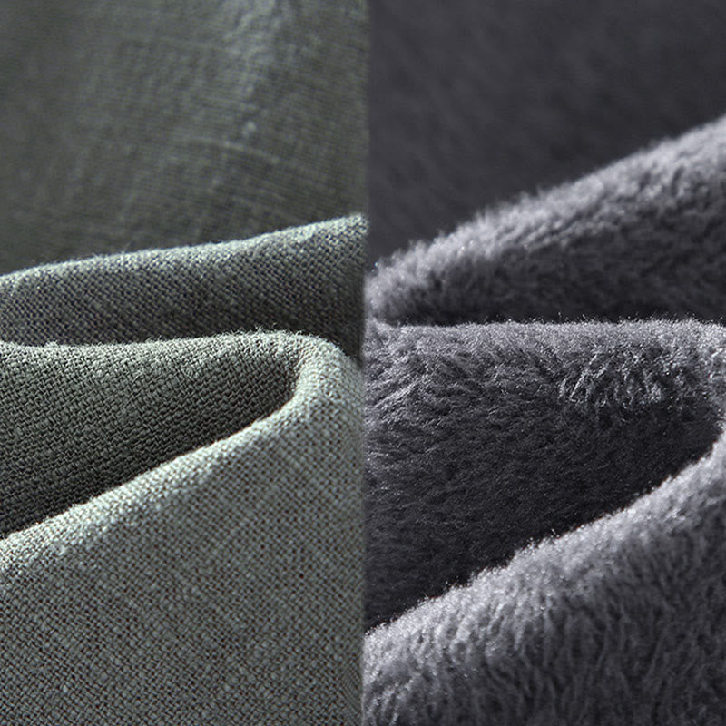 Men's Plain Long Sleeve Thermal Fleece-Lined Ramie Linen Cotton Jacket With Pockets