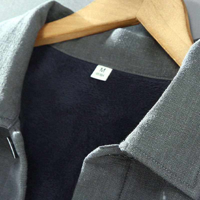 Men's Plain Long Sleeve Thermal Fleece-Lined Ramie Linen Cotton Jacket With Pockets