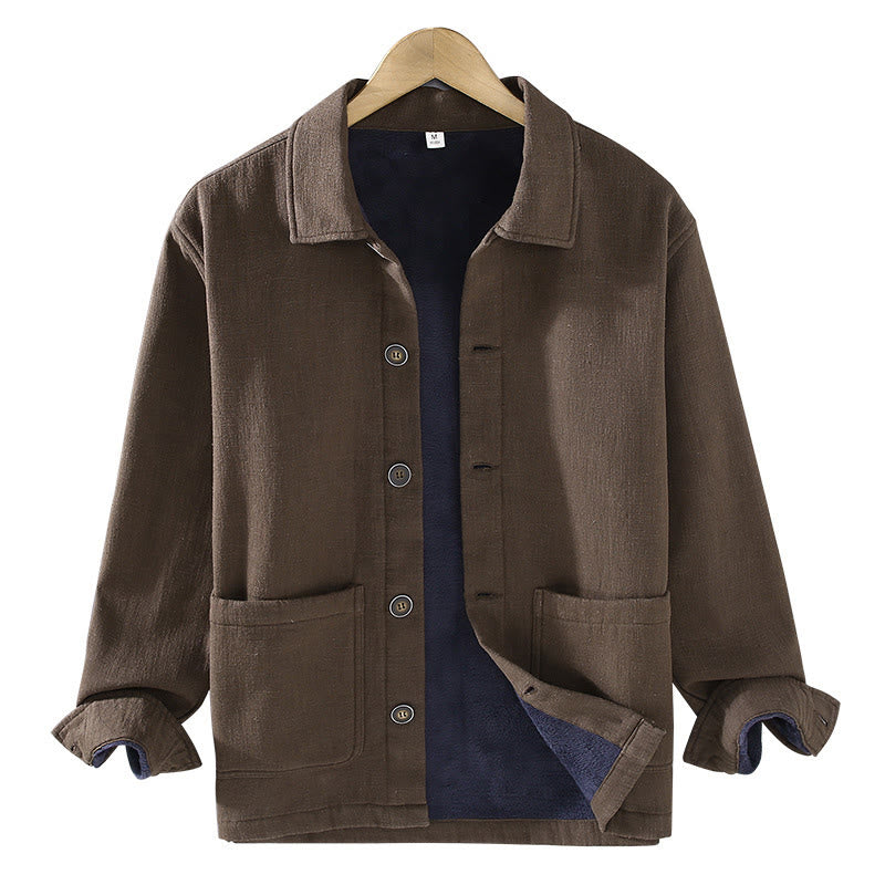 Men's Plain Long Sleeve Thermal Fleece-Lined Ramie Linen Cotton Jacket With Pockets