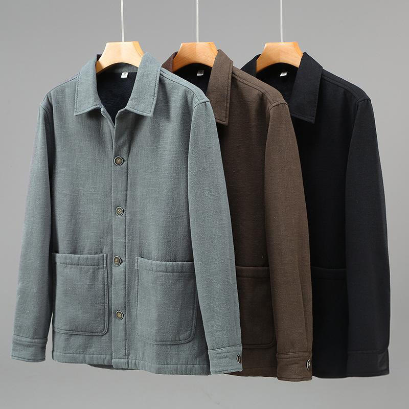 Men's Plain Long Sleeve Thermal Fleece-Lined Ramie Linen Cotton Jacket With Pockets