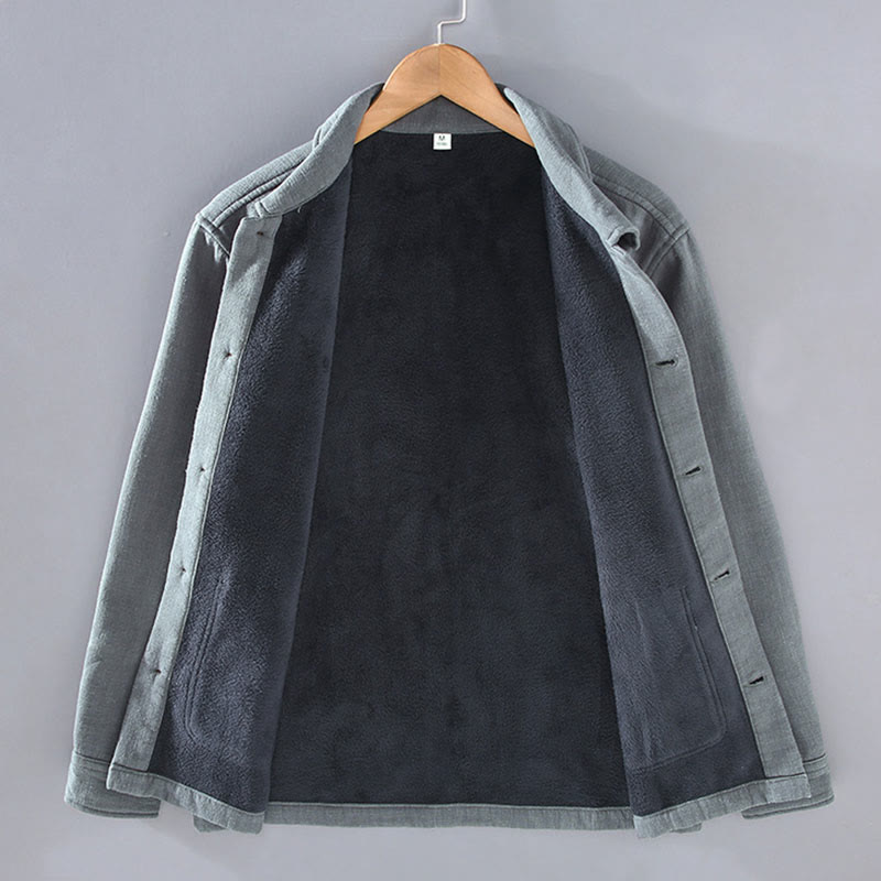 Men's Plain Long Sleeve Thermal Fleece-Lined Ramie Linen Cotton Jacket With Pockets