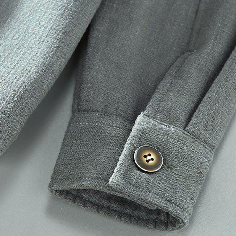 Men's Plain Long Sleeve Thermal Fleece-Lined Ramie Linen Cotton Jacket With Pockets