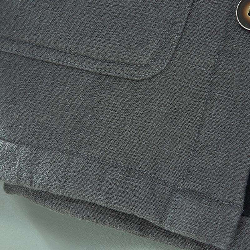 Men's Plain Long Sleeve Thermal Fleece-Lined Ramie Linen Cotton Jacket With Pockets