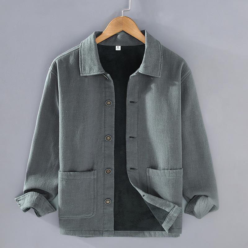 Men's Plain Long Sleeve Thermal Fleece-Lined Ramie Linen Cotton Jacket With Pockets