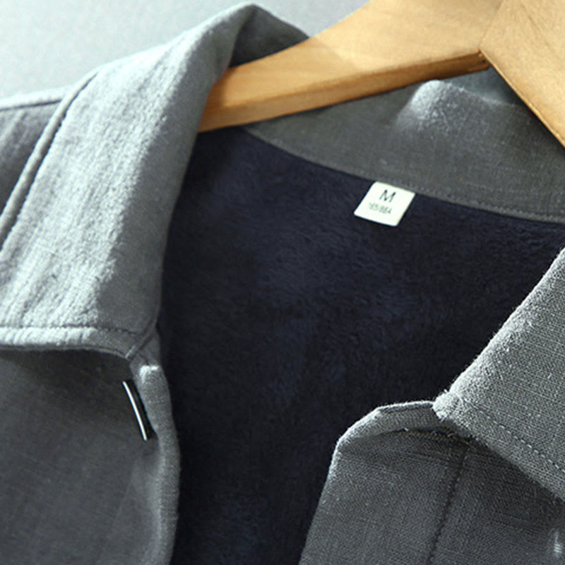 Men's Plain Long Sleeve Thermal Fleece-Lined Ramie Linen Cotton Jacket With Pockets