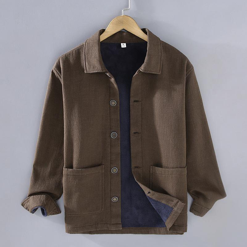 Men's Plain Long Sleeve Thermal Fleece-Lined Ramie Linen Cotton Jacket With Pockets