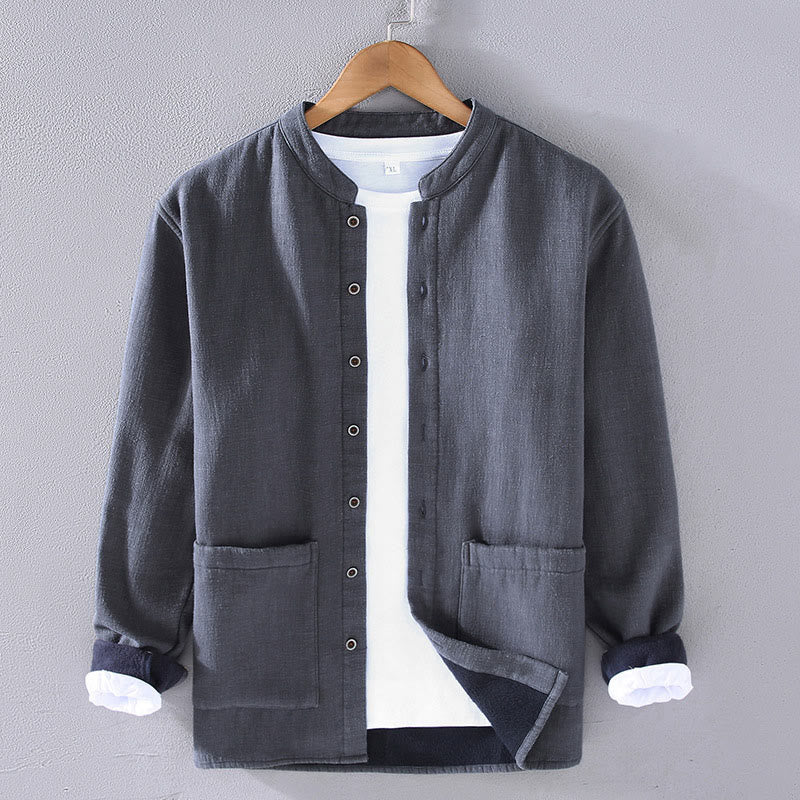 Men's Stnad Collar Long Sleeve Thermal Fleece-lined Ramie Cotton Jacket With Pockets
