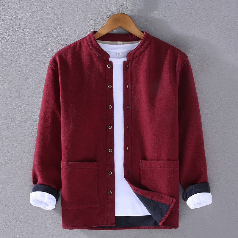 Men's Stnad Collar Long Sleeve Thermal Fleece-lined Ramie Cotton Jacket With Pockets