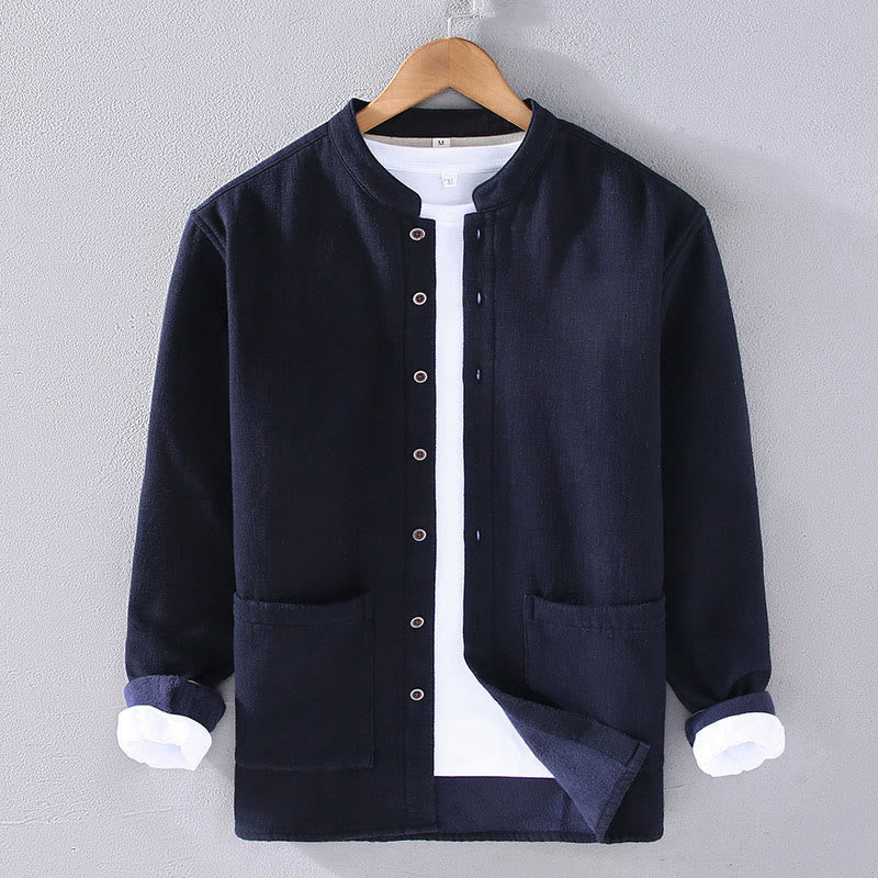 Men's Stnad Collar Long Sleeve Thermal Fleece-lined Ramie Cotton Jacket With Pockets