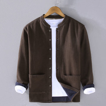 Men's Stnad Collar Long Sleeve Thermal Fleece-lined Ramie Cotton Jacket With Pockets