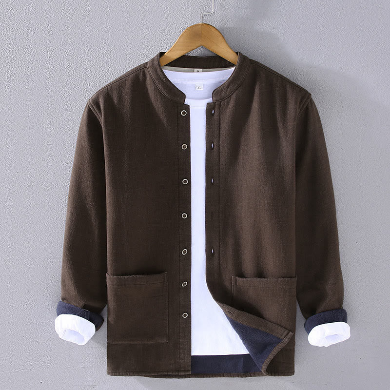 Men's Stnad Collar Long Sleeve Thermal Fleece-lined Ramie Cotton Jacket With Pockets