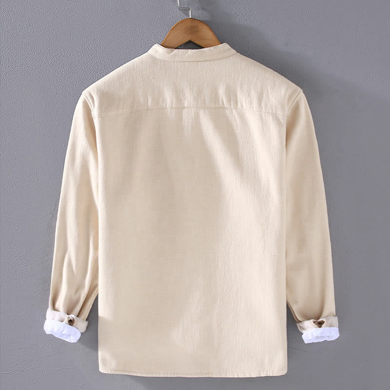 Men's Stnad Collar Long Sleeve Thermal Fleece-lined Ramie Cotton Jacket With Pockets