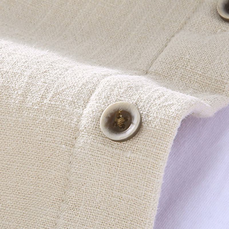 Men's Stnad Collar Long Sleeve Thermal Fleece-lined Ramie Cotton Jacket With Pockets