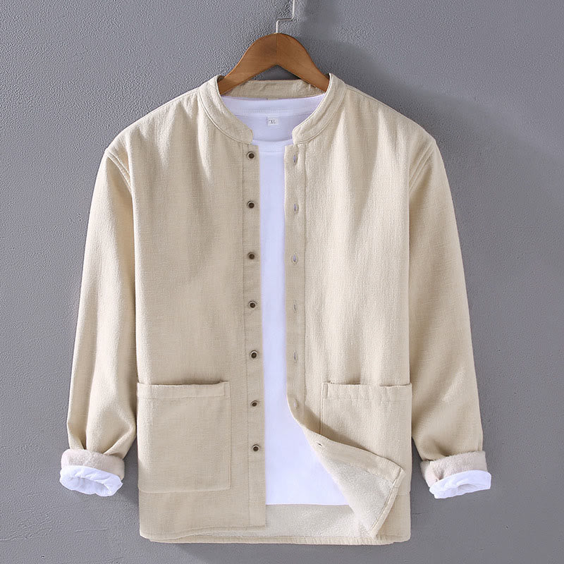 Men's Stnad Collar Long Sleeve Thermal Fleece-lined Ramie Cotton Jacket With Pockets