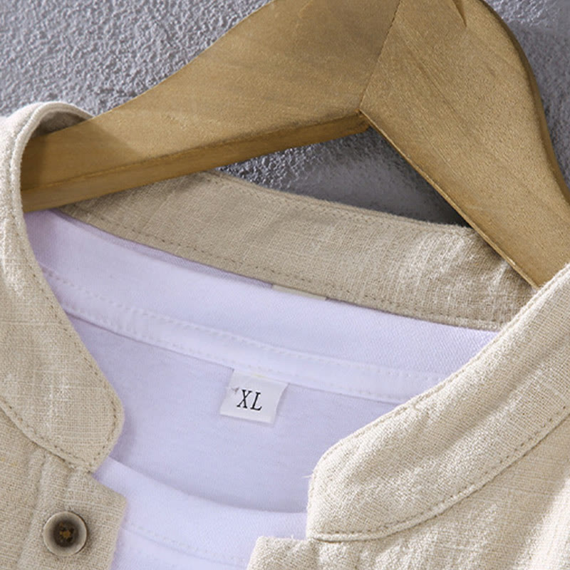 Men's Stnad Collar Long Sleeve Thermal Fleece-lined Ramie Cotton Jacket With Pockets