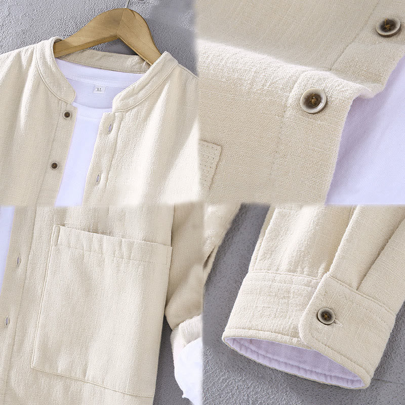 Men's Stnad Collar Long Sleeve Thermal Fleece-lined Ramie Cotton Jacket With Pockets
