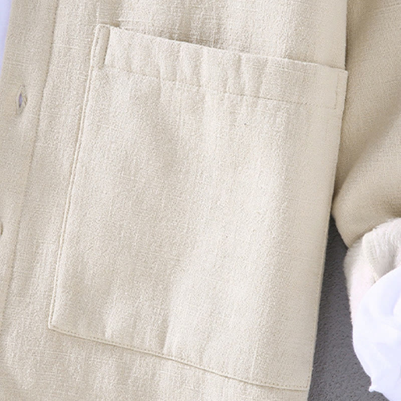 Men's Stnad Collar Long Sleeve Thermal Fleece-lined Ramie Cotton Jacket With Pockets