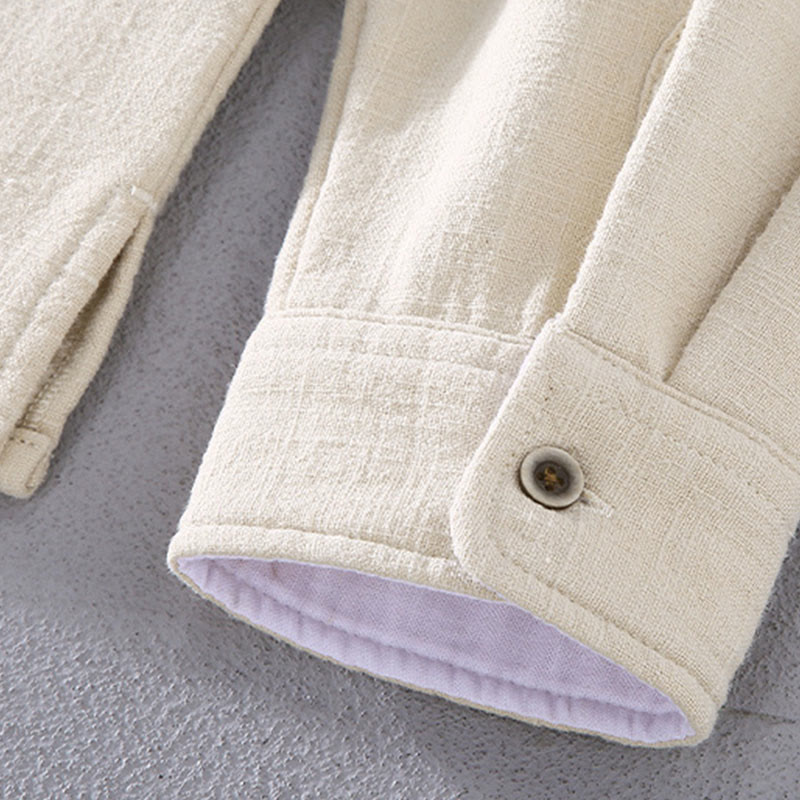 Men's Stnad Collar Long Sleeve Thermal Fleece-lined Ramie Cotton Jacket With Pockets