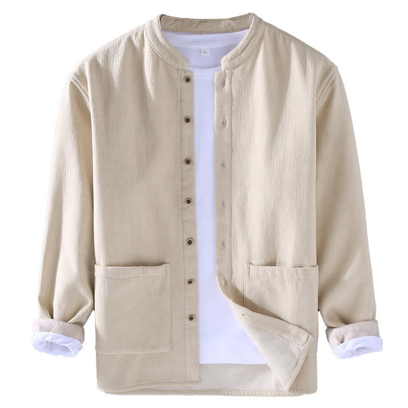 Men's Stnad Collar Long Sleeve Thermal Fleece-lined Ramie Cotton Jacket With Pockets