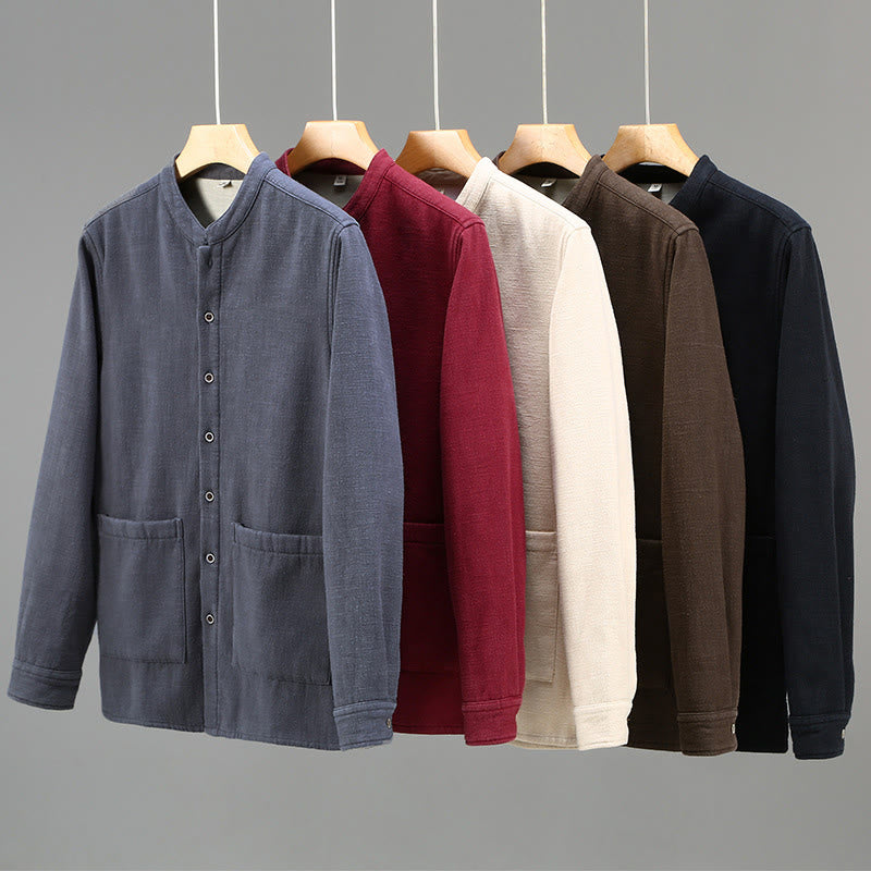 Men's Stnad Collar Long Sleeve Thermal Fleece-lined Ramie Cotton Jacket With Pockets