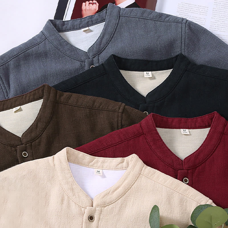 Men's Stnad Collar Long Sleeve Thermal Fleece-lined Ramie Cotton Jacket With Pockets