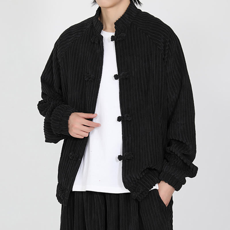 Tactile Cotton Corduroy Stand Collar Jacket with Frog Button Closures