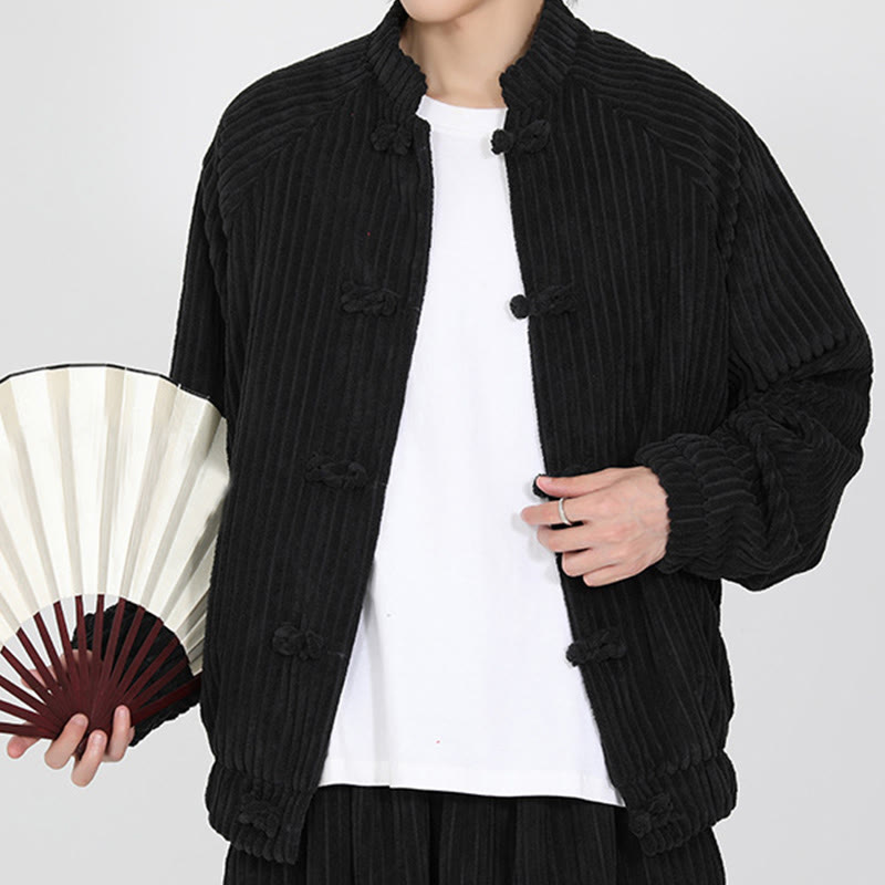 Tactile Cotton Corduroy Stand Collar Jacket with Frog Button Closures