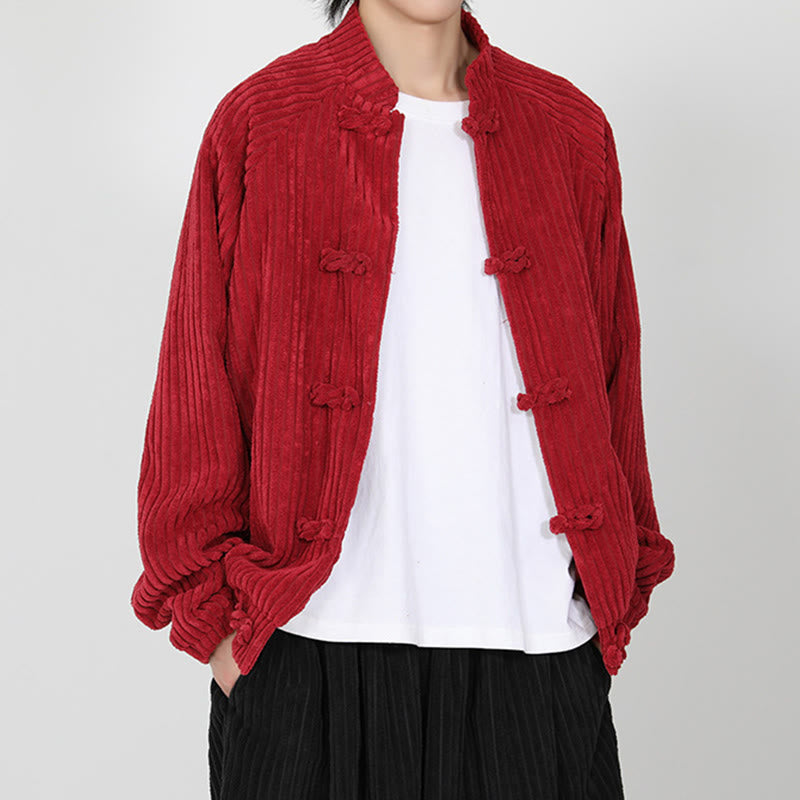 Tactile Cotton Corduroy Stand Collar Jacket with Frog Button Closures